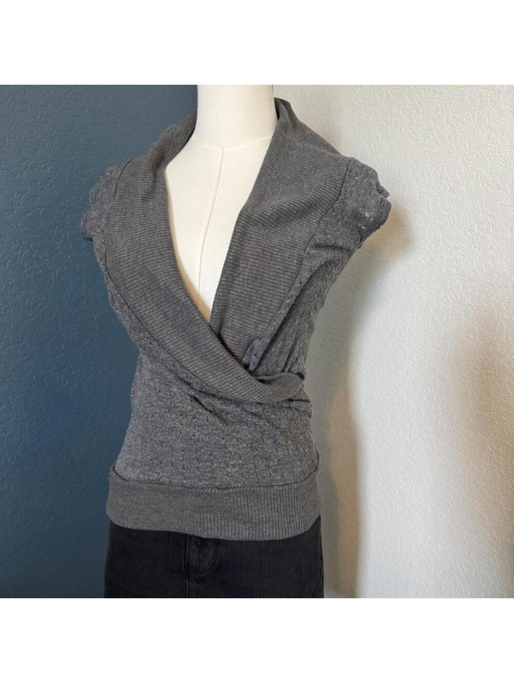 Y2K Heather Gray Shawl Collar Knit Top | Balletcore Office Siren Sweater, Medium